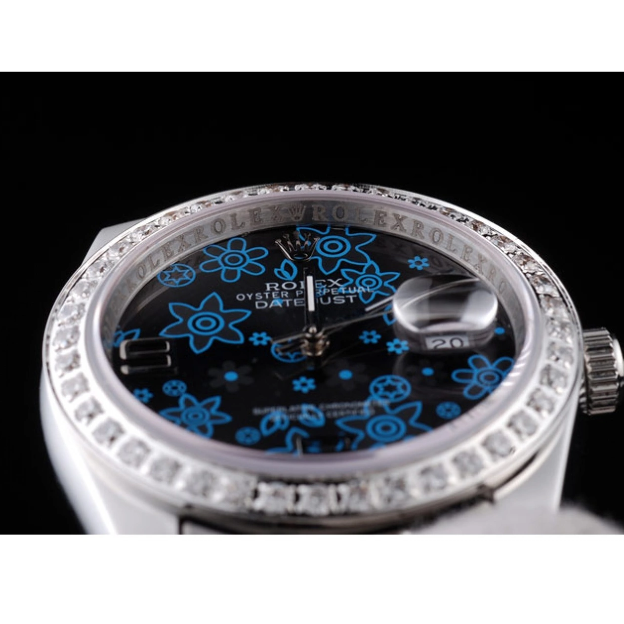 Rolex copies cheap Polished Dark Dial Flowers Blue Plated Stainless Steel Rolex Datejust Diamond 0721
